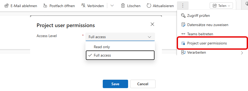 Microsoft Planner Screenshot: Dialog ‚Project user permissions‘ zur Verwaltung von Benutzerrechten. Im Dropdown ‚Access Level‘ sind die Optionen ‚Read only‘ und ‚Full access‘ sichtbar, wobei ‚Full access‘ ausgewählt ist. Rechts im Menü ist der Punkt ‚Project user permissions‘ rot hervorgehoben. Unten befinden sich die Schaltflächen ‚Save‘ und ‚Cancel‘. Ideal für Projektmanagement und Zugriffssteuerung in Microsoft Planner.