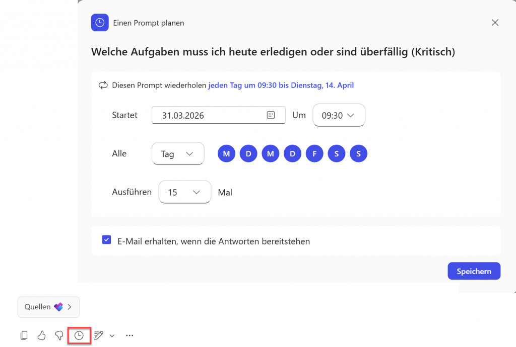 Dialogfenster ‚Einen Prompt planen‘ in Microsoft Copilot mit einem wiederkehrenden Prompt zur Abfrage kritischer oder überfälliger Aufgaben, geplant für täglich 09:30 Uhr, inklusive Zeitplan‑, Wiederholungs‑ und Benachrichtigungseinstellungen