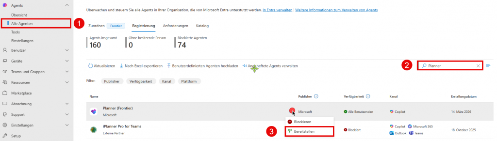 Screenshot des Microsoft 365 Admin Centers im Bereich „Agents“. Links ist der Menüpunkt „Alle Agenten“ markiert (1). Rechts oben wurde im Suchfeld der Begriff „Planner“ eingegeben (2), wodurch der Eintrag „Planner (Frontier)“ in der Liste erscheint. Über die drei Punkte des Eintrags ist das Kontextmenü geöffnet, in dem die Option „Bereitstellen“ hervorgehoben ist (3). Das Bild zeigt Schritt für Schritt, wie Administratoren den Planner‑Agent für die Organisation bereitstellen können.