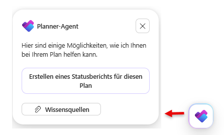 Dialogfenster des Planner Agents in Microsoft Planner. Der Agent zeigt Optionen an, wie er bei einem Plan unterstützen kann. Sichtbar sind eine Schaltfläche zum Erstellen eines Statusberichts sowie eine weitere Schaltfläche für Wissensquellen. Rechts daneben ist das Planner-Agent Symbol hervorgehoben.