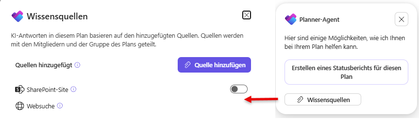 Ansicht der Wissensquellen‑Einstellungen im Microsoft Planner Agent. Links zeigt die Oberfläche Optionen zum Hinzufügen von Quellen, inklusive SharePoint‑Site und Websuche. Rechts ist das Planner‑Agent‑Fenster mit Schaltflächen für Statusbericht und Wissensquellen geöffnet. Darstellung der KI‑Wissensquellen‑Konfiguration im Planner Standard.