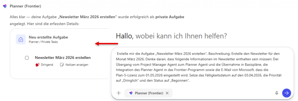 Benutzeroberfläche von Microsoft Planner (Frontier) mit Copilot‑Chat: Erfolgreich erstellte private Aufgabe „Newsletter März 2026 erstellen“ inklusive Fälligkeitsdatum 03.04.2026, Status „Begonnen“ und Priorität „Dringlich“ – Beispiel für Aufgabenanlage mit Microsoft Copilot im Planner Agent.