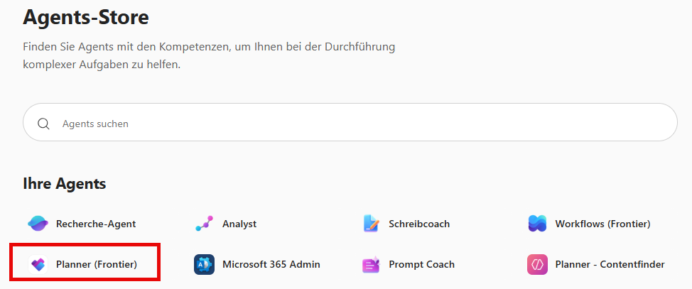 Screenshot des Microsoft Agents-Stores mit hervorgehobenem Agent ‚Planner (Frontier)‘ in der Übersicht der verfügbaren KI-Agents.