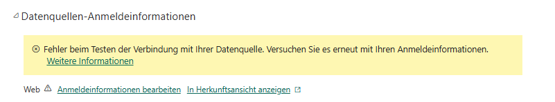 Power BI Service Anzeige mit Fehler bei Datenquellen-Anmeldeinformationen und Hinweis auf fehlgeschlagene Verbindung zur Excel-Datenquelle trotz Cloudanbindung.