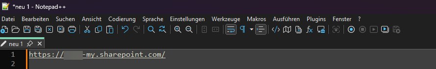 SharePoint bzw. OneDrive URL in Notepad++ zur Verwendung als Web-Datenquelle in Power BI für Excel-Dateien in der Cloud.