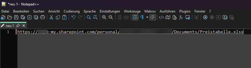 Vollständiger OneDrive SharePoint Pfad zu einer Excel-Datei im Notepad++ Editor zur Nutzung als Web-Datenquelle in Power BI für automatische Aktualisierung im Service.