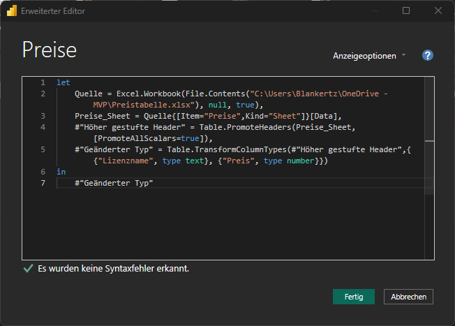 Power BI Power Query Editor mit lokalem Excel-Dateipfad (OneDrive Synchronisationsordner) als Datenquelle, der im Service zu Aktualisierungsproblemen ohne Cloudanbindung führt.