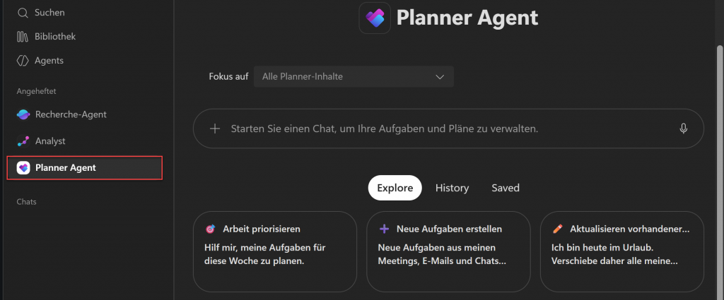 Microsoft Planner Agent Oberfläche im Dunkelmodus mit linker Navigation und hervorgehobener Auswahl „Planner Agent“ sowie Optionen zum Priorisieren von Aufgaben und Erstellen neuer Aufgaben.